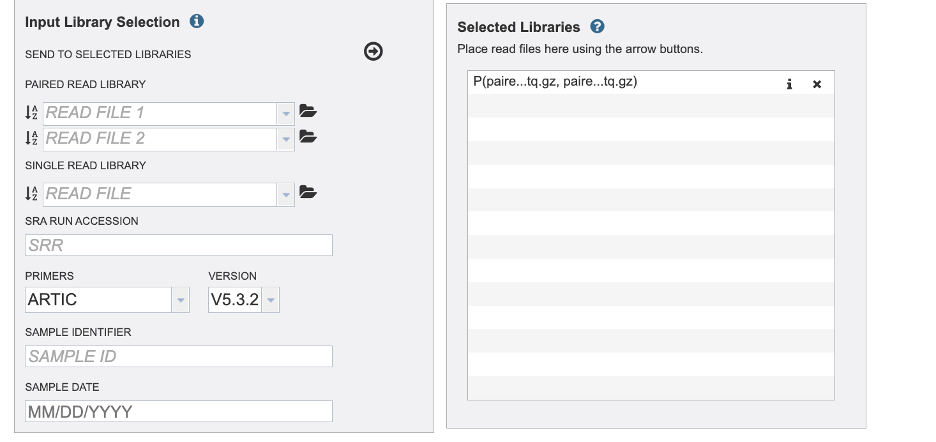 An image of the input form after sending reads to the selected reads sample.